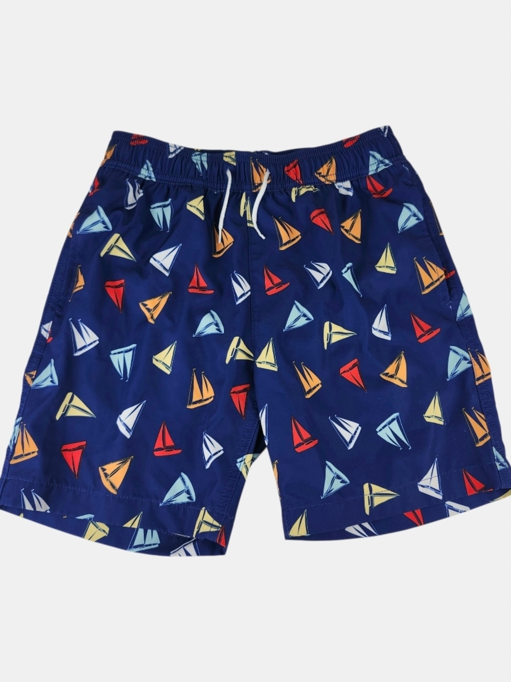 Crewcuts Navy Swim Trunks with Red, Yellow, Light Blue & Orange Sailboats